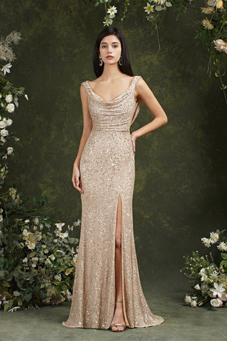 Brilliant Scoop Neck Sequins Backless Mermaid Bridesmaid/Prom Dress With Side Slit