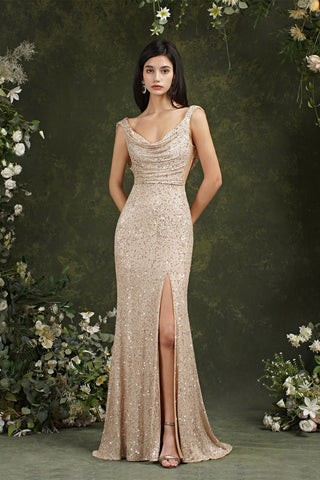 Brilliant Scoop Neck Sequins Backless Mermaid Bridesmaid/Prom Dress With Side Slit