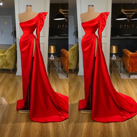 Robe de soirée longue rouge à manches bouffantes et fente haute, asymétrique