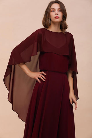 Burgundy Bridesmaid Dresses Spaghetti Straps Chiffon Floor Length Wedding Guest Dress with Back Cape Wraps
