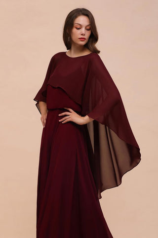 Burgundy Bridesmaid Dresses Spaghetti Straps Chiffon Floor Length Wedding Guest Dress with Back Cape Wraps