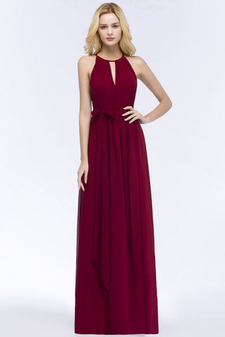 Burgundy Halter A-line Floor Length Bridesmaid Dresses with Bow Sash