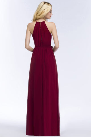 Burgundy Halter A-line Floor Length Bridesmaid Dresses with Bow Sash