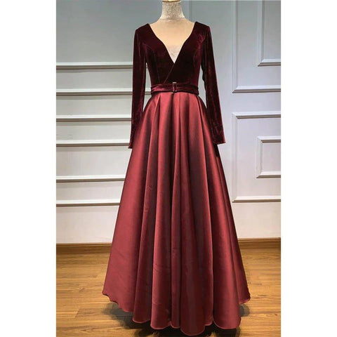 Robe de bal trapèze bordeaux en satin, col en V, manches longues, avec poches 