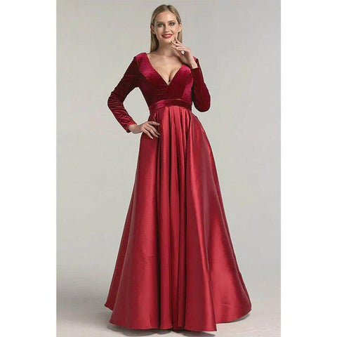 Robe de bal trapèze bordeaux en satin, col en V, manches longues, avec poches 