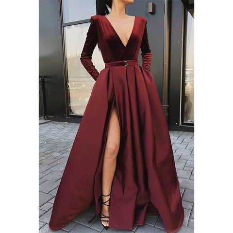 Robe de bal trapèze bordeaux en satin, col en V, manches longues, avec poches 
