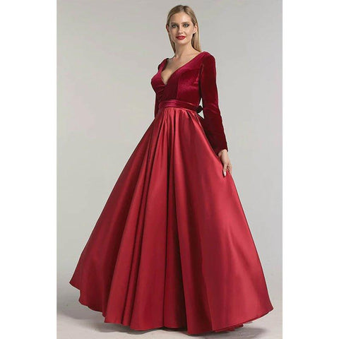 Robe de bal trapèze bordeaux en satin, col en V, manches longues, avec poches 