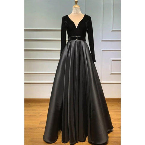 Robe de bal trapèze bordeaux en satin, col en V, manches longues, avec poches 