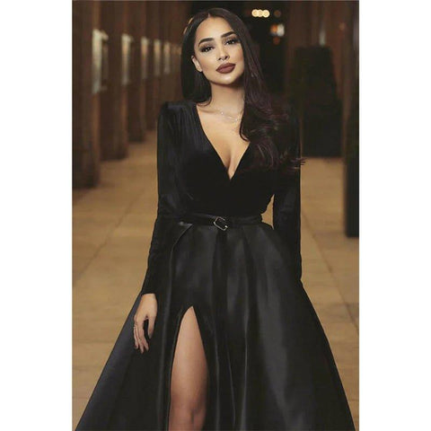 Robe de bal trapèze bordeaux en satin, col en V, manches longues, avec poches 