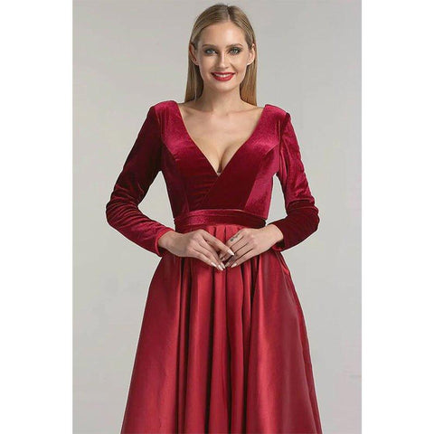 Robe de bal trapèze bordeaux en satin, col en V, manches longues, avec poches 