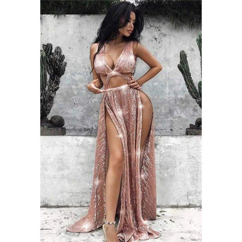 Robe de soirée longue fendue à col en V profond et paillettes bordeaux 