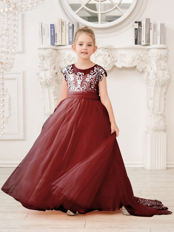 A-line Lace Tulle Sweep Train Pink Flower Girl Dress