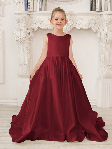 A-Line Princess Sleeveless Satin Flower Girl Dress with Sweep Train and Bow