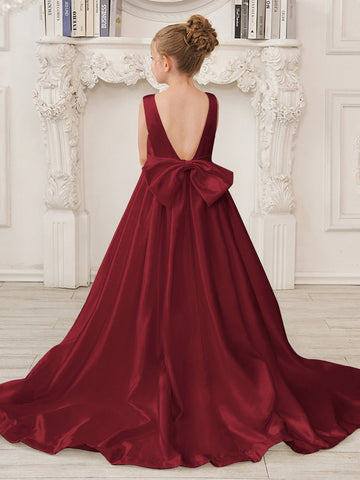 A-Line Princess Sleeveless Satin Flower Girl Dress with Sweep Train and Bow