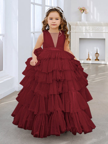 Ball-Gown/Princess Pearl Pink Sleeveless Tulle Bow Flower Girl Dress