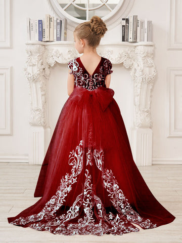 A-line Lace Tulle Sweep Train Pink Flower Girl Dress