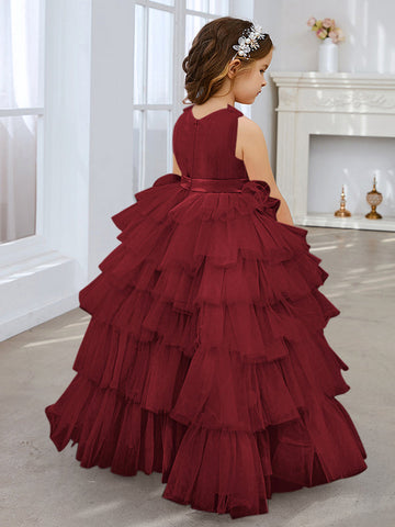 Ball-Gown/Princess Pearl Pink Sleeveless Tulle Bow Flower Girl Dress