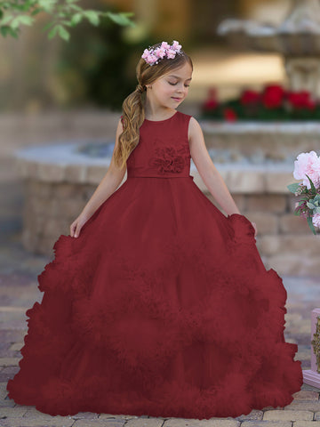 A-line Satin Tulle Floor-length Cascading Ruffles Flower Girl Dress