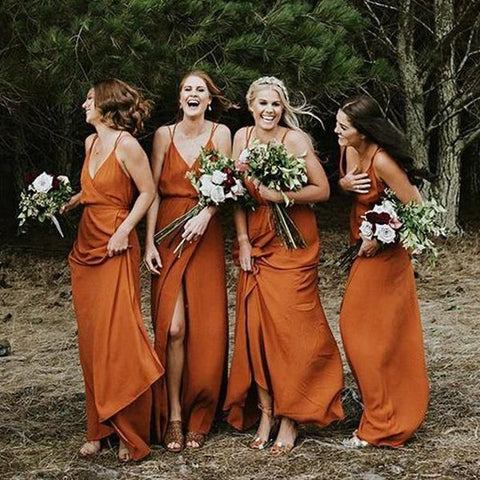 Baoleely Simple Sleeveless V Neck Burnt Orange Bridesmaid Dresses