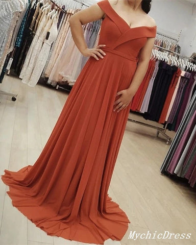 Baoleely Sheath Off Shoulder Rust Chiffon Bridesmaid Dresses Rust Long Party Dress