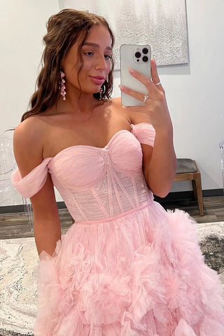 A Line Off the Shoulder Blue Corset Prom Dress with Ruffles