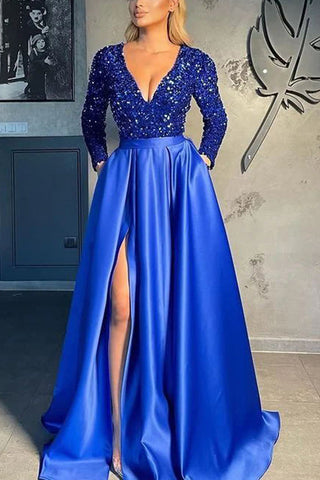 Magnifique robe de bal en satin à sequins, manches longues et col en V 