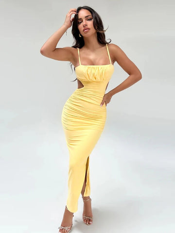 Tossy Women's Backless Cut Out Bodycon Maxi Dress Fashion Sleeveless Spaghetti Strap Ruched Side Slit Hem Evening Dress Female