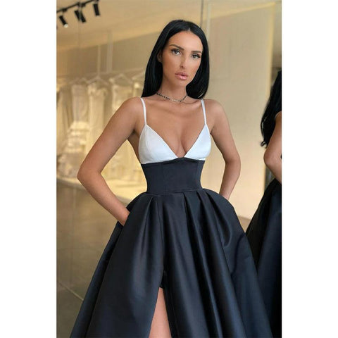 Vestido de fiesta largo con escote en V, tirantes finos y abertura alta con bolsillos