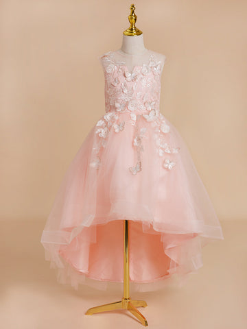 Ball-Gown/Princess Tulle Asymmetrical Pink Flower Girl Dress