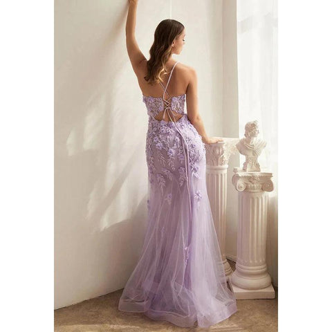 Vestido de noche largo de sirena con tirantes finos, apliques florales y tul transparente