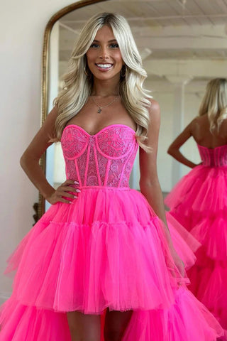 A Line High Low Sweetheart Hot Pink Corset Prom Dress with Appliques