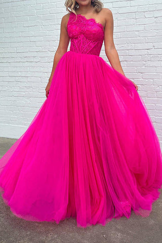 A Line One Shoulder Fuchsia Corset Prom Dress with Split Front