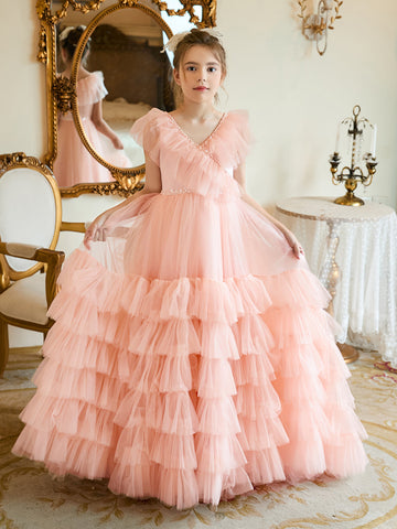 A-line Tulle Sweep Train Pearl Pink Dress (2003225563)