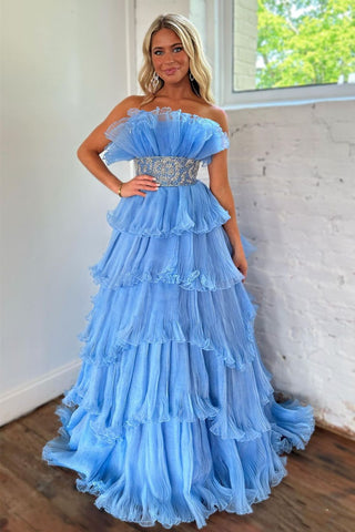 Trendy A Line Strapless Blue Tired Long Prom Dress with Beading