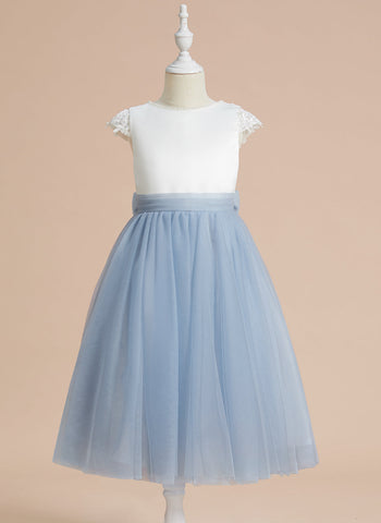 A-line Satin Tulle Tea-length First Communion Flower Girl Dress