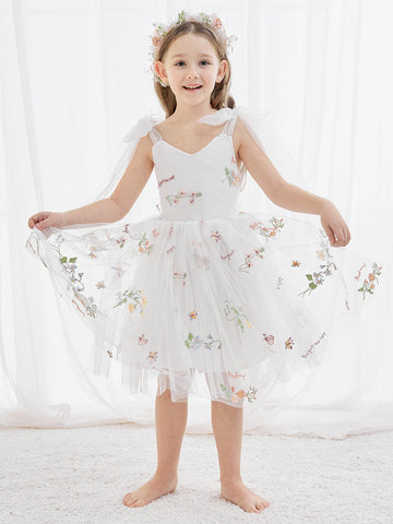 A-Line Sleeveless Floral Embroidered Tulle Toddler Flower Girl Dress