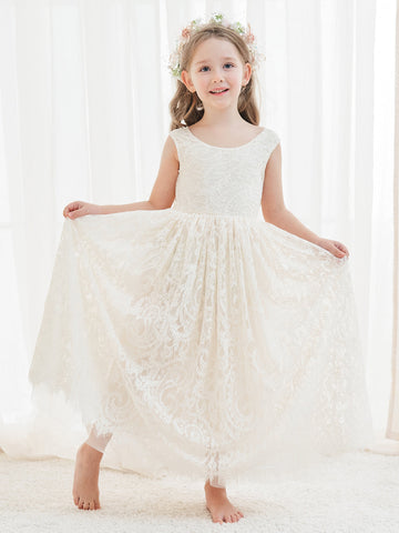 A-line Lace Ankle-length Ivory Boho Flower Girl Dress