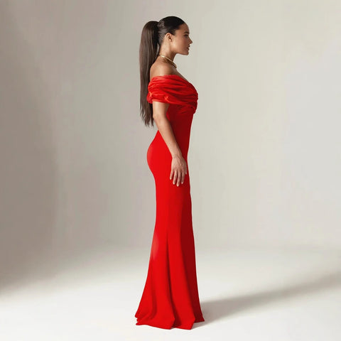 Off Shoulder Ruched Slit Satin Maxi Prom Dress