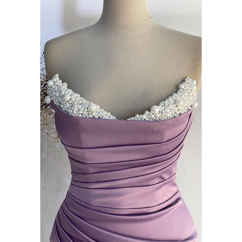 Robe de soirée bustier plissée à perles et col en V avec fente latérale 