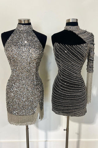 Vestido corto ajustado de un solo hombro color champán para fiesta de bienvenida con borla de cuentas