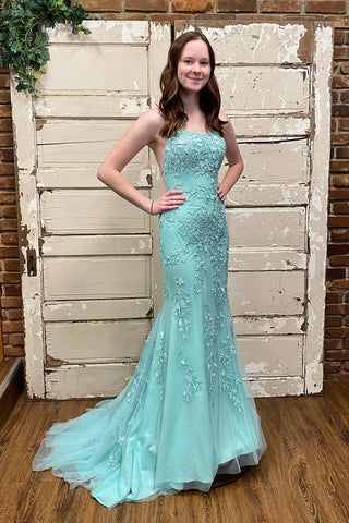 Spaghetti Straps Appliques Prom Dress