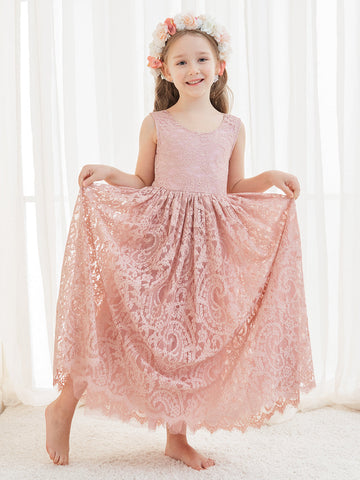 A-line Lace Ankle-length Ivory Boho Flower Girl Dress