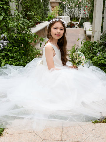 Classic White A-line Sleeveless Satin and Tulle Flower Girl Dress