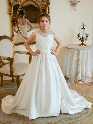 Ball-Gown/Princess Satin Sweep Train First Communion Flower Girl Dress