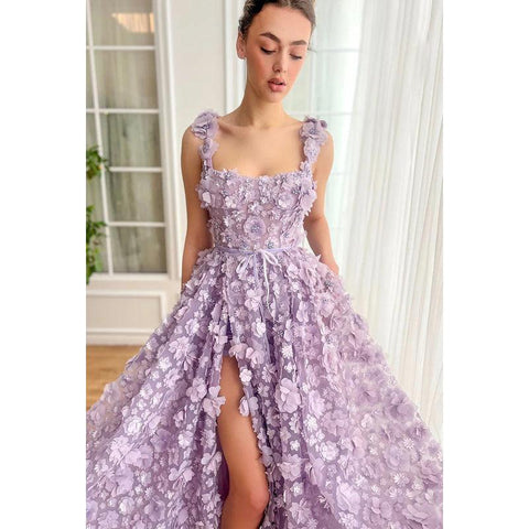 Vestido de fiesta formal de corte A con tirantes cuadrados, glamuroso y dramático, con flores