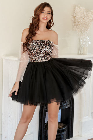 A Line Off the Shoulder Black Short Homecoming Dress with Beading