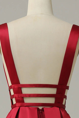 A Line Deep V Neck Red Long Prom Dress with Backless