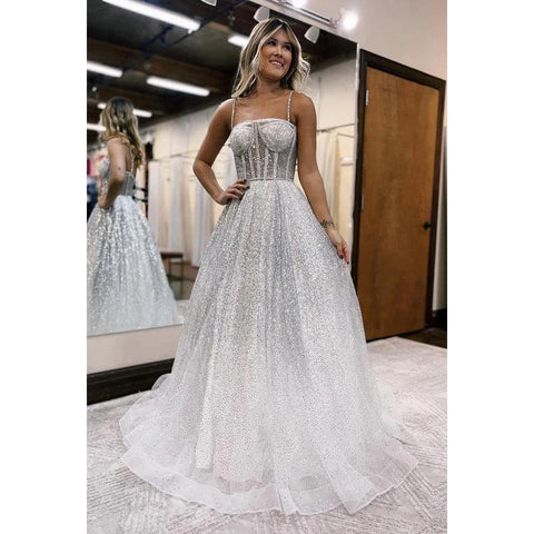 Vestido de noche largo de tul con lentejuelas y cuentas, tirantes finos y brillantes, corte A