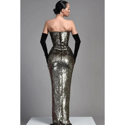 Vestido de fiesta largo con escote en V, sin tirantes, con lentejuelas y abertura