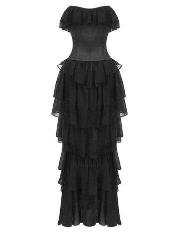Vintage Black Strapless Ruffle Gown – Sheer Waist-Cinching Evening Dress for Gala & Runway